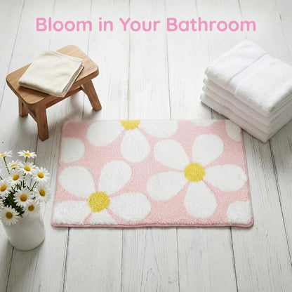 Cute Flower Bath Mat, Non-Slip TPR Backing Ultra Soft Microfiber Bathroom Rug, Machine Washable Absorbent Bath Rug for Tub Shower Sink Bedroom Dorm Restroom Toilet(Pink, 24x16 Inch)