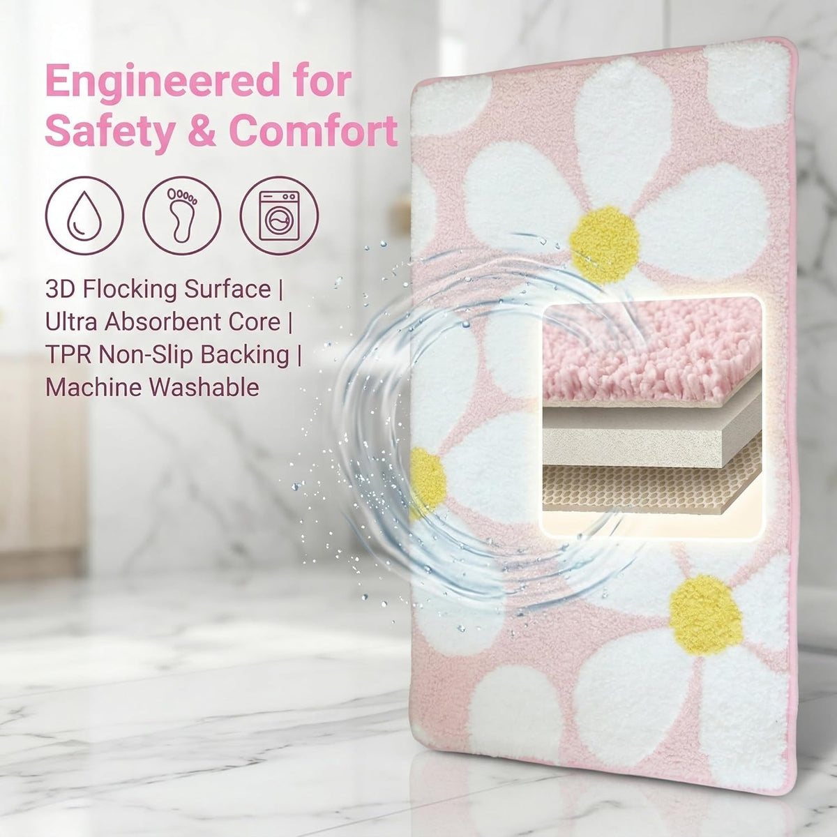 Cute Flower Bath Mat, Non-Slip TPR Backing Ultra Soft Microfiber Bathroom Rug, Machine Washable Absorbent Bath Rug for Tub Shower Sink Bedroom Dorm Restroom Toilet(Pink, 24x16 Inch)