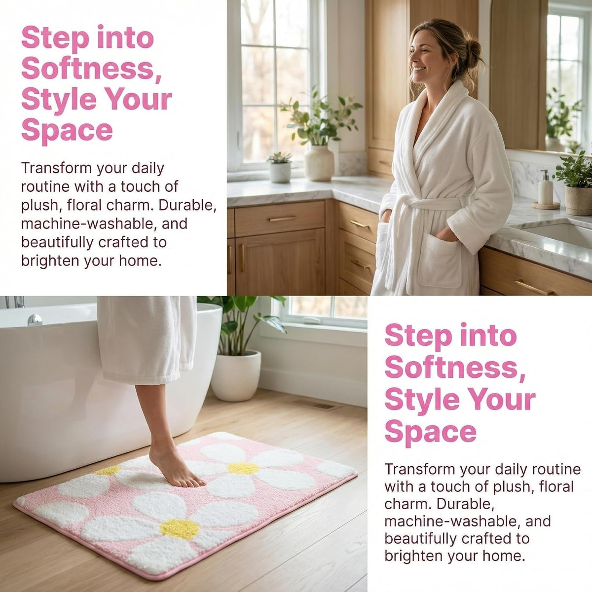 Cute Flower Bath Mat, Non-Slip TPR Backing Ultra Soft Microfiber Bathroom Rug, Machine Washable Absorbent Bath Rug for Tub Shower Sink Bedroom Dorm Restroom Toilet(Pink, 24x16 Inch)