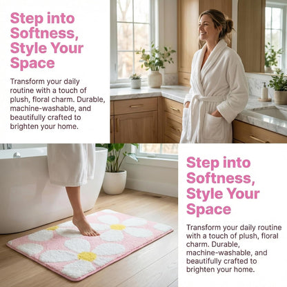 Cute Flower Bath Mat, Non-Slip TPR Backing Ultra Soft Microfiber Bathroom Rug, Machine Washable Absorbent Bath Rug for Tub Shower Sink Bedroom Dorm Restroom Toilet(Pink, 24x16 Inch)