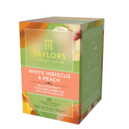 White Hibiscus & Peach, Green Tea Individually Wrapped Bags, 20 Count (Pack of 1), Delicate, Fruity and Sweet, Caffeinated, Enjoy Hot or Iced, 20 Teabags