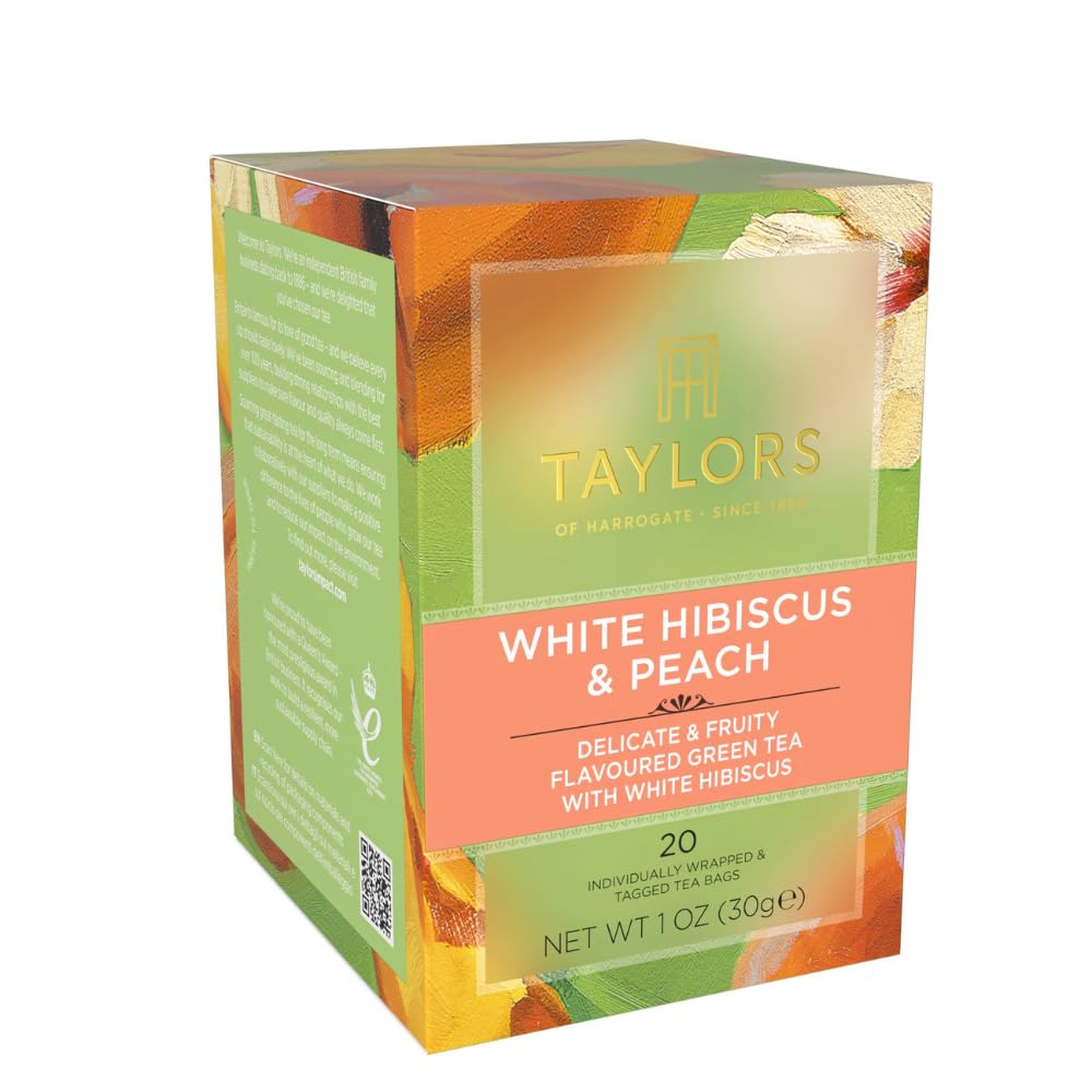 White Hibiscus & Peach, Green Tea Individually Wrapped Bags, 20 Count (Pack of 1), Delicate, Fruity and Sweet, Caffeinated, Enjoy Hot or Iced, 20 Teabags