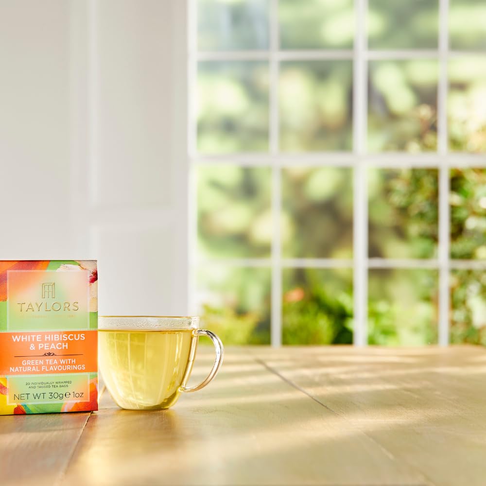 White Hibiscus & Peach, Green Tea Individually Wrapped Bags, 20 Count (Pack of 1), Delicate, Fruity and Sweet, Caffeinated, Enjoy Hot or Iced, 20 Teabags