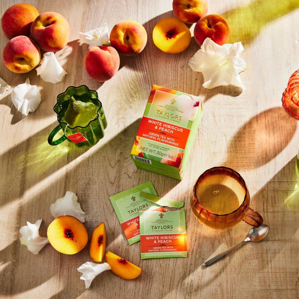 White Hibiscus & Peach, Green Tea Individually Wrapped Bags, 20 Count (Pack of 1), Delicate, Fruity and Sweet, Caffeinated, Enjoy Hot or Iced, 20 Teabags