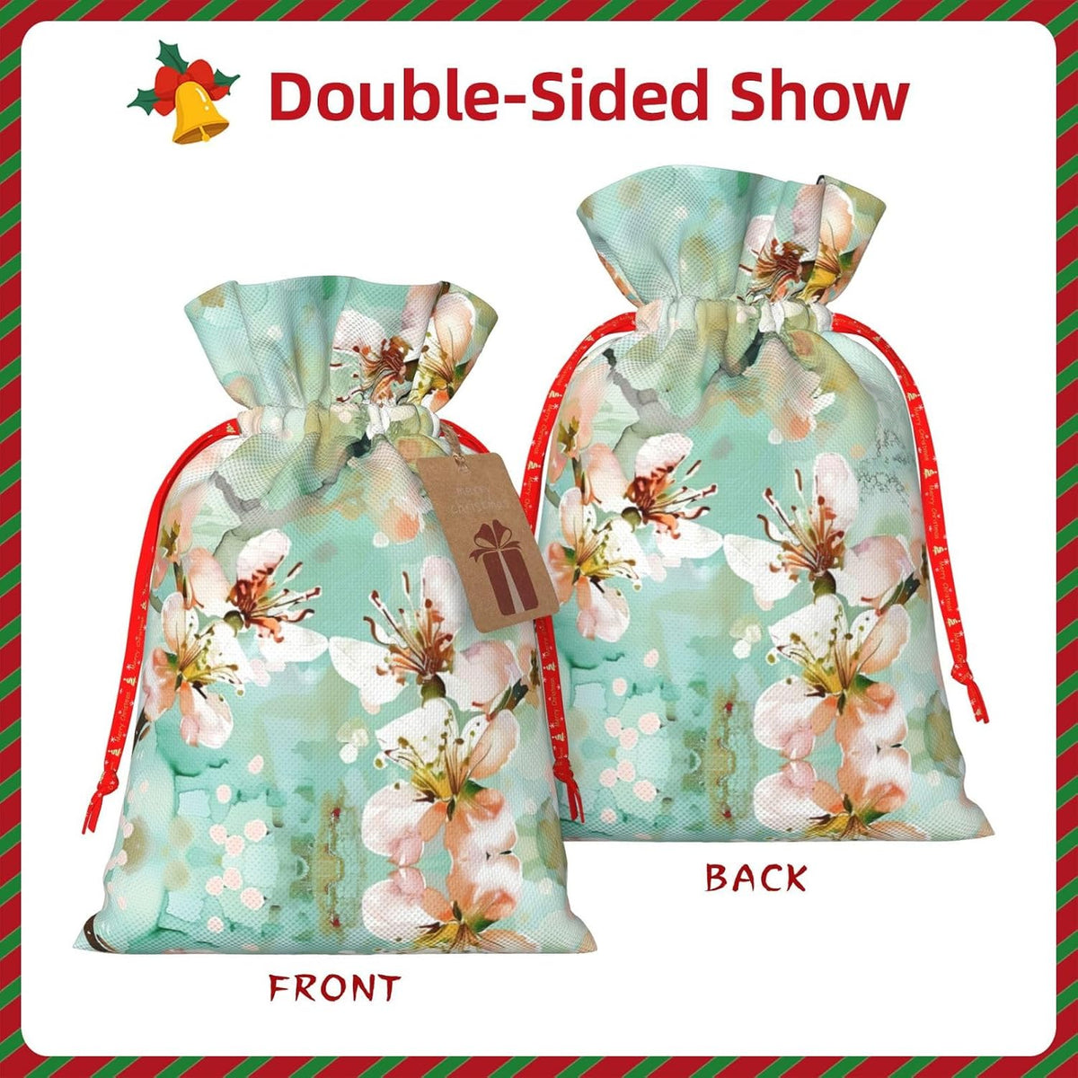 Airy Aqua Peach Blossom Print Drawstring Gift Bags Various Sizes Perfect For Gifts Bulk Plastic Packaging Bags