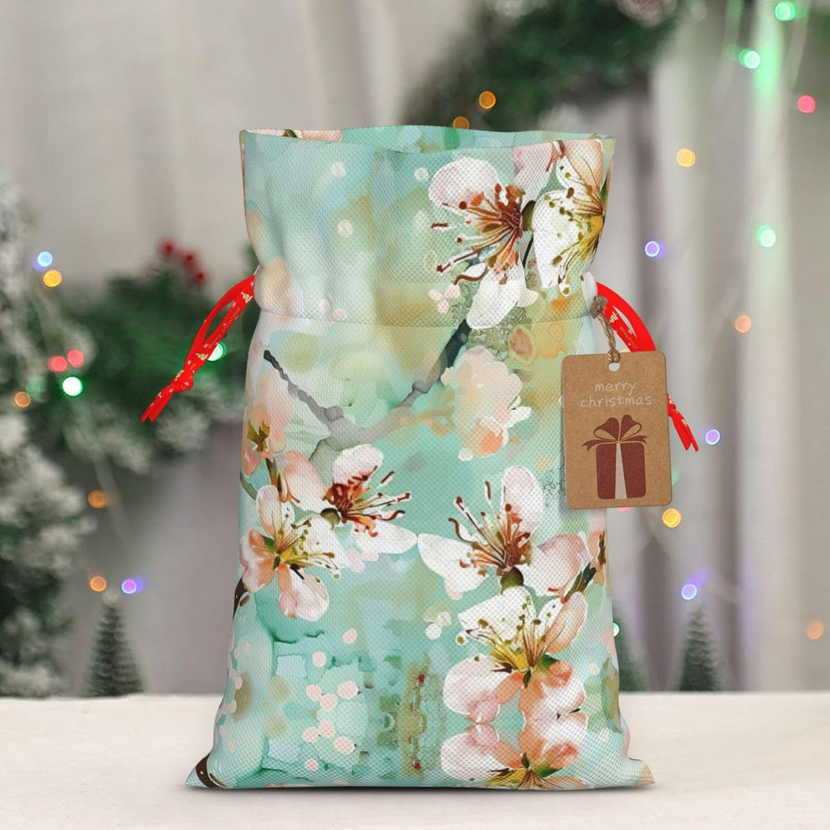 Airy Aqua Peach Blossom Print Drawstring Gift Bags Various Sizes Perfect For Gifts Bulk Plastic Packaging Bags
