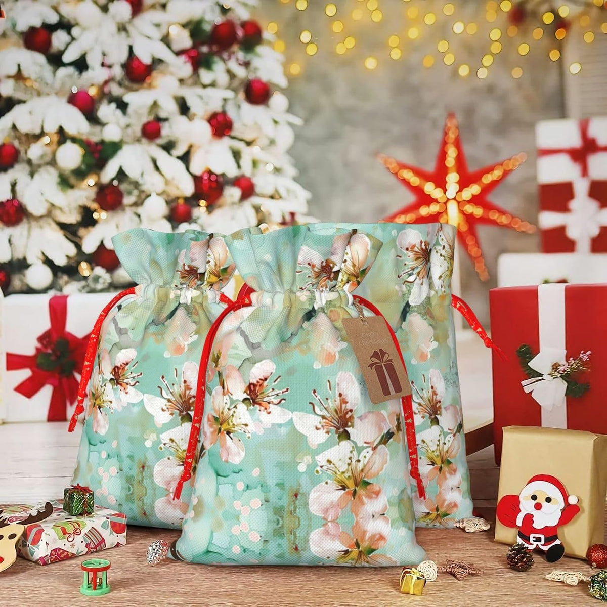 Airy Aqua Peach Blossom Print Drawstring Gift Bags Various Sizes Perfect For Gifts Bulk Plastic Packaging Bags