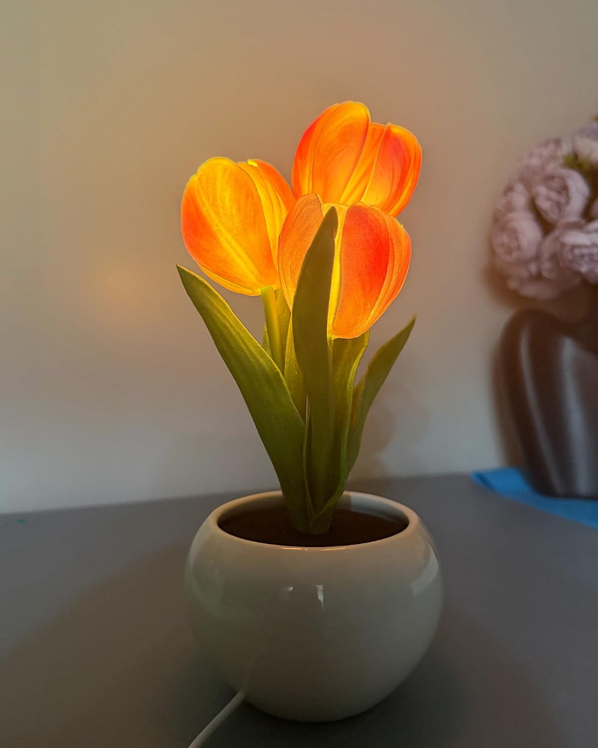 Tulip Flower Table Lamp Pink LED Desk Night Light with Vase