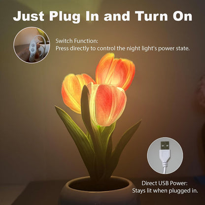 Tulip Flower Table Lamp Pink LED Desk Night Light with Vase