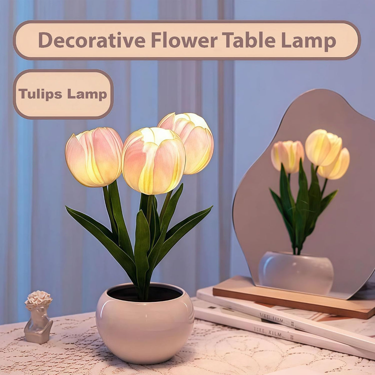 Tulip Flower Table Lamp Pink LED Desk Night Light with Vase