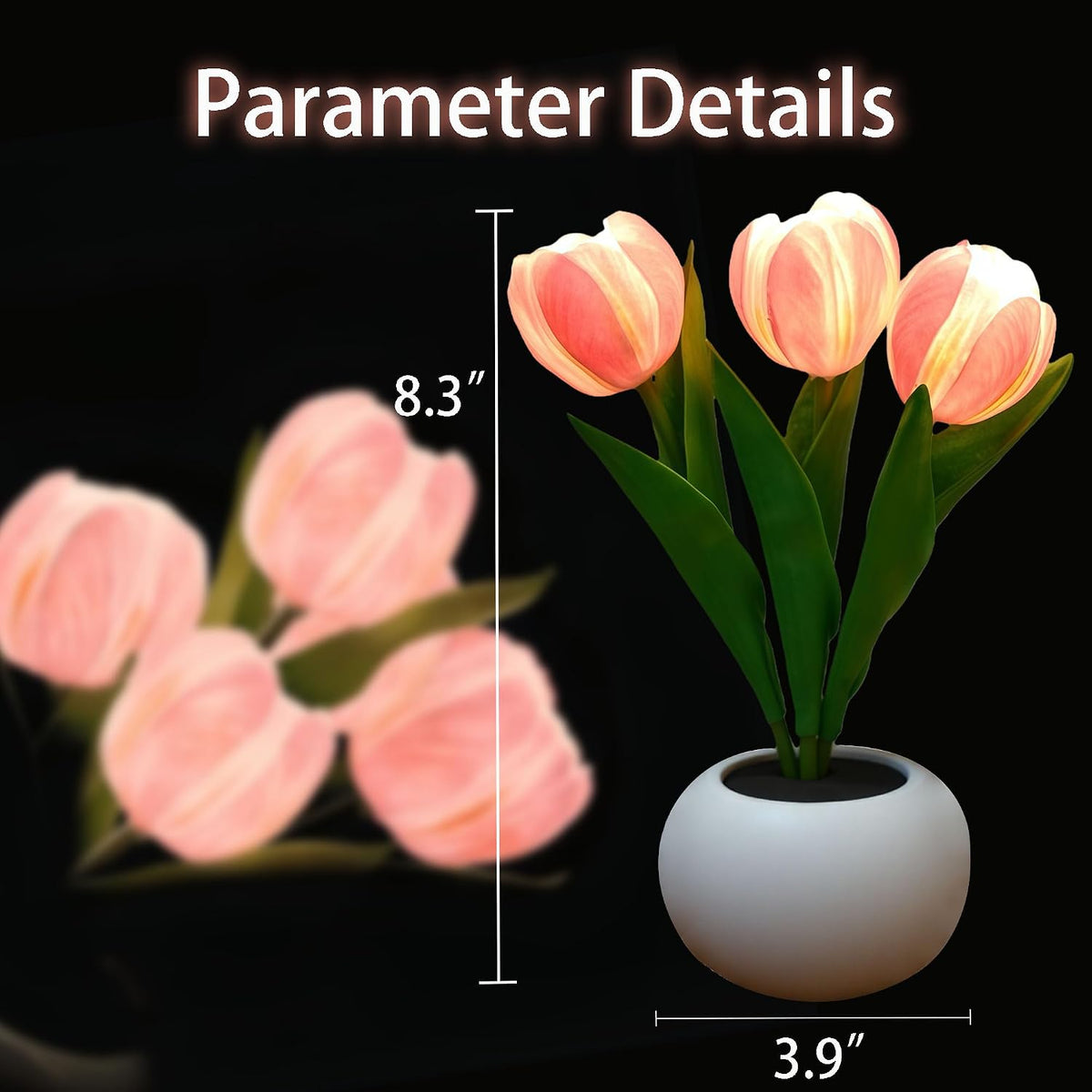 Tulip Flower Table Lamp Pink LED Desk Night Light with Vase