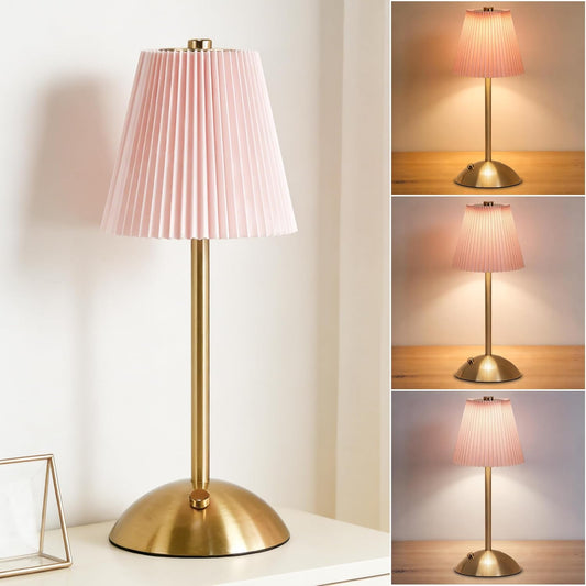 Cordless Pink Table Lamp,Cute Small Desk Lamp,Vintage Aesthetic Lamp | 3 Color Dimmable Night Light,Rechargrable LED Lamp with Fabric Lampshade,Touch Lamp for Home Office Dorm Decor