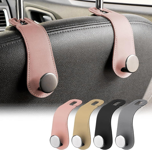 2 Pack Car Headrest Hooks Leather & Alloy Car Seat Storage Hangers, Pink