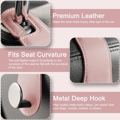 2 Pack Car Headrest Hooks Leather & Alloy Car Seat Storage Hangers, Pink