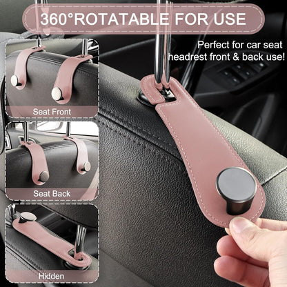 2 Pack Car Headrest Hooks Leather & Alloy Car Seat Storage Hangers, Pink