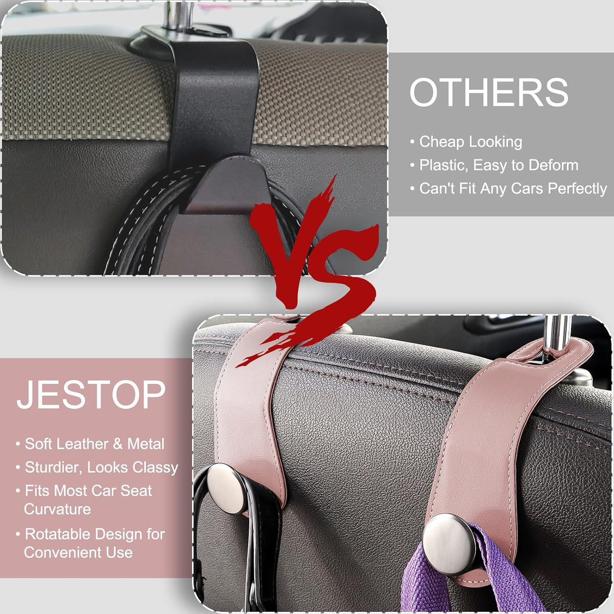 2 Pack Car Headrest Hooks Leather & Alloy Car Seat Storage Hangers, Pink