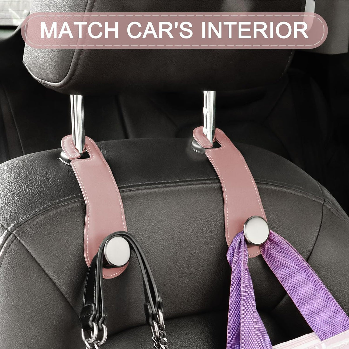 2 Pack Car Headrest Hooks Leather & Alloy Car Seat Storage Hangers, Pink