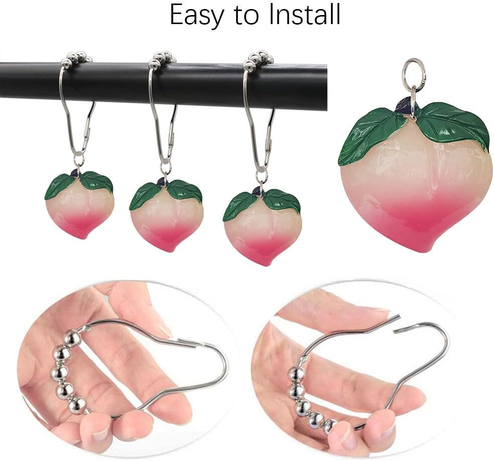 Peach Shower Curtain Hooks Rings for Peach Bathroom Decor, 12 Pcs Rust Proof Stainless Steel Shower Hook for Peach Theme Bathtub Shower Rod Decoration, Bedroom, Room Home Curtain Hanger
