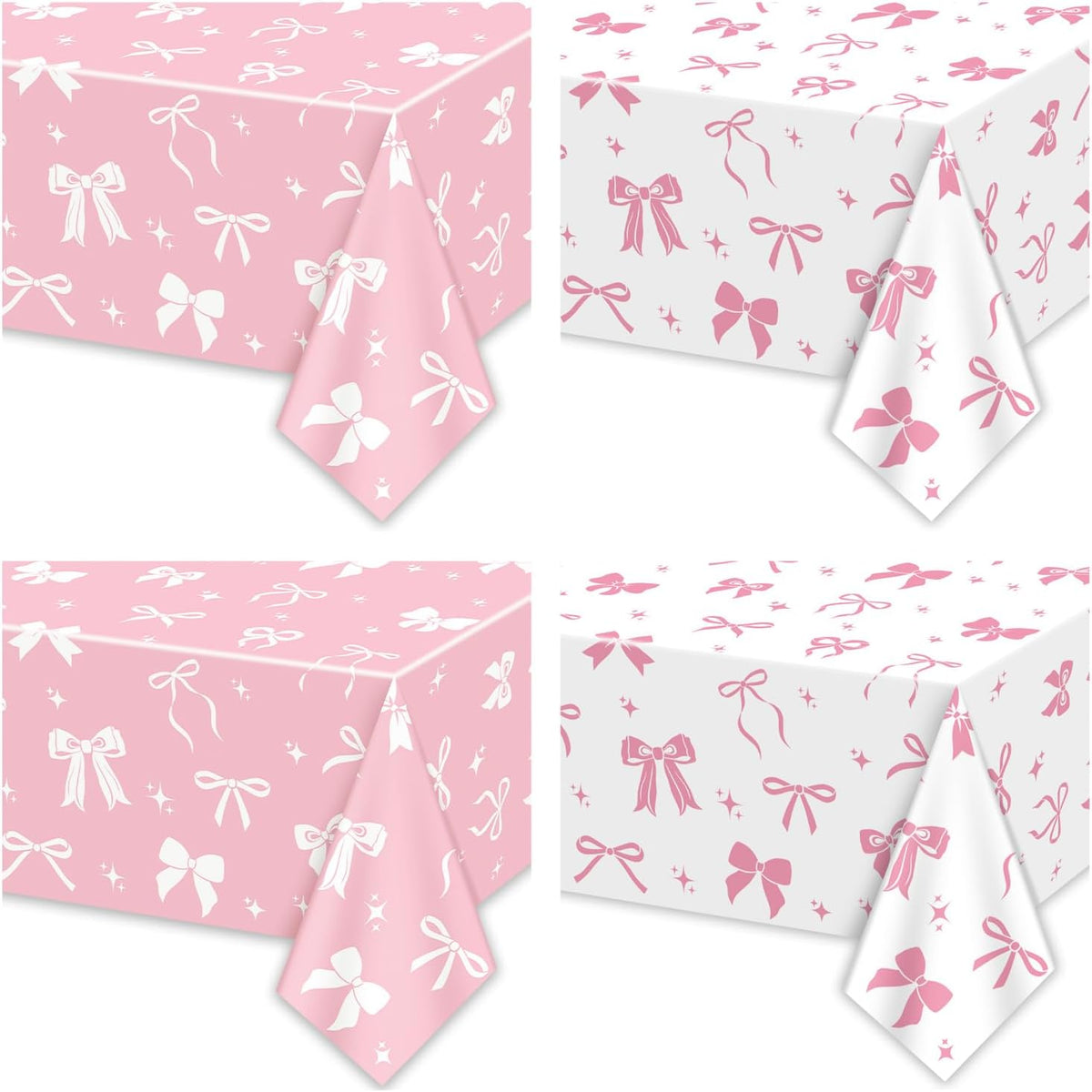 4 Pcs Pink Bow Table Cloths, 51 x 86 '' White and Pink Bow Birthday Decorations for Coquette Birthday Decorations Baby Shower Party Supplies