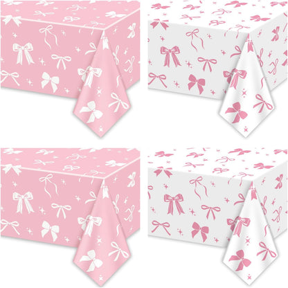4 Pcs Pink Bow Table Cloths, 51 x 86 '' White and Pink Bow Birthday Decorations for Coquette Birthday Decorations Baby Shower Party Supplies