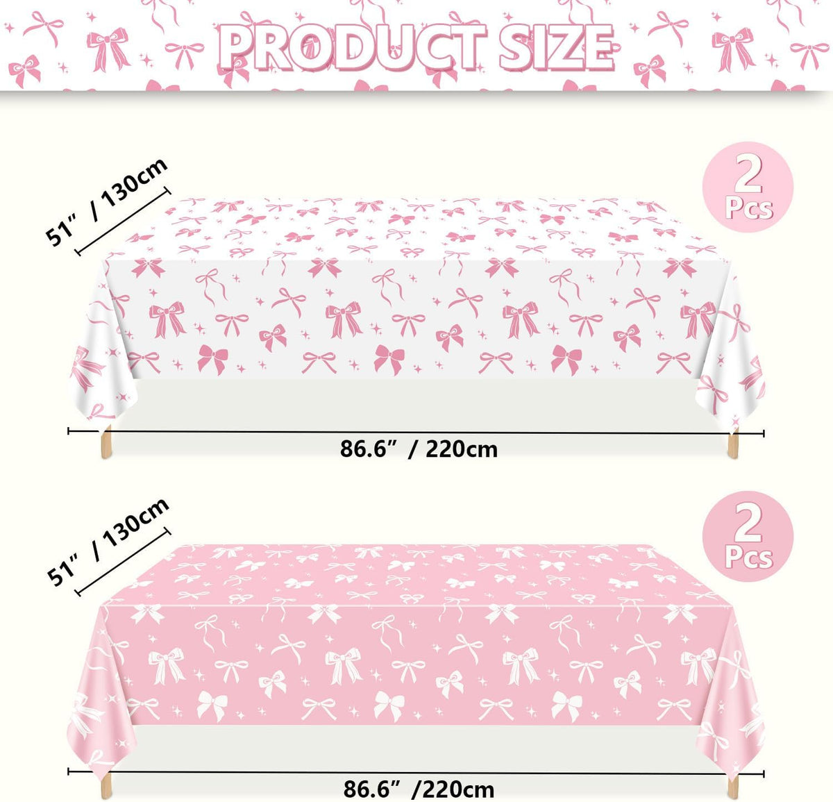4 Pcs Pink Bow Table Cloths, 51 x 86 '' White and Pink Bow Birthday Decorations for Coquette Birthday Decorations Baby Shower Party Supplies