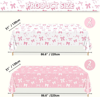 4 Pcs Pink Bow Table Cloths, 51 x 86 '' White and Pink Bow Birthday Decorations for Coquette Birthday Decorations Baby Shower Party Supplies