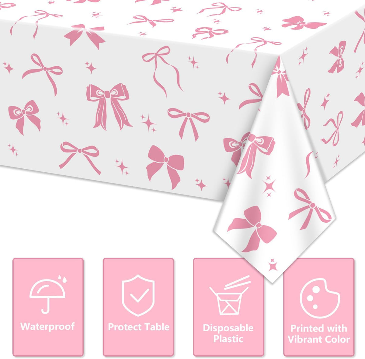 4 Pcs Pink Bow Table Cloths, 51 x 86 '' White and Pink Bow Birthday Decorations for Coquette Birthday Decorations Baby Shower Party Supplies