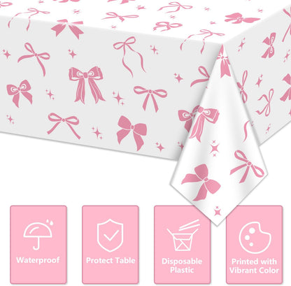 4 Pcs Pink Bow Table Cloths, 51 x 86 '' White and Pink Bow Birthday Decorations for Coquette Birthday Decorations Baby Shower Party Supplies