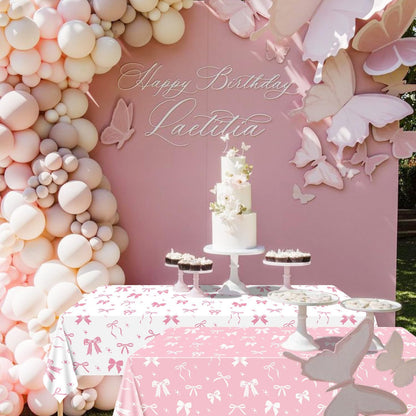 4 Pcs Pink Bow Table Cloths, 51 x 86 '' White and Pink Bow Birthday Decorations for Coquette Birthday Decorations Baby Shower Party Supplies