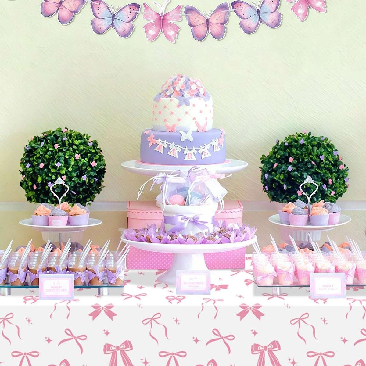 4 Pcs Pink Bow Table Cloths, 51 x 86 '' White and Pink Bow Birthday Decorations for Coquette Birthday Decorations Baby Shower Party Supplies