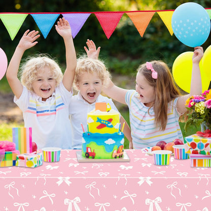 4 Pcs Pink Bow Table Cloths, 51 x 86 '' White and Pink Bow Birthday Decorations for Coquette Birthday Decorations Baby Shower Party Supplies