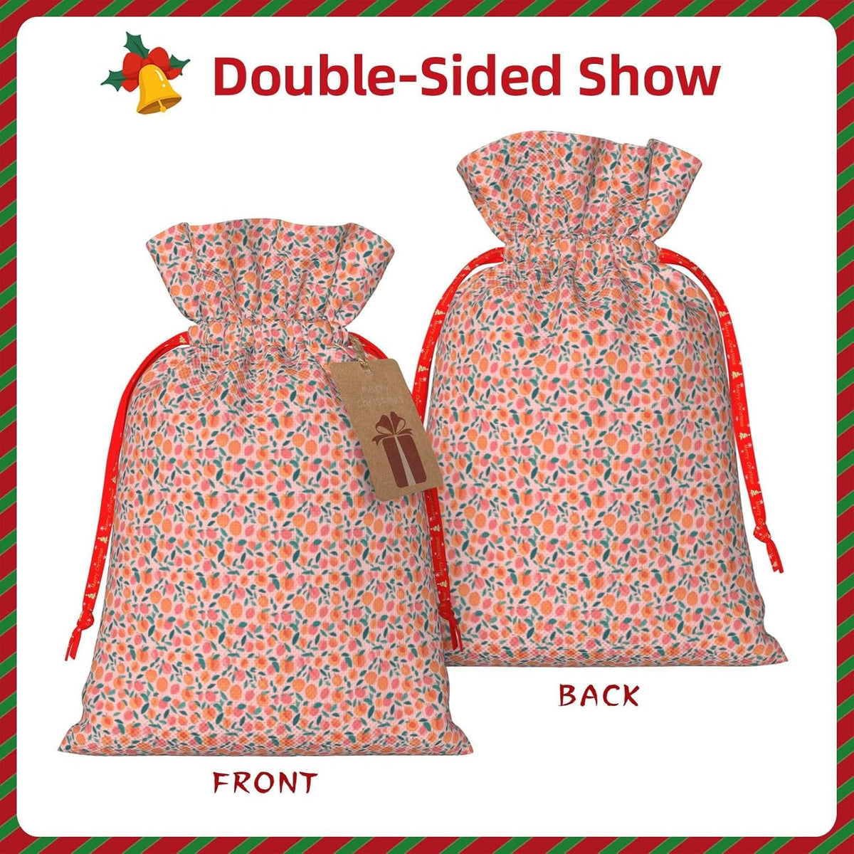 Pink Peach Pattern Seamless Pattern Printing Festive Christmas Gift Bag Drawstring For Holiday Xmas Birthday Party Presents