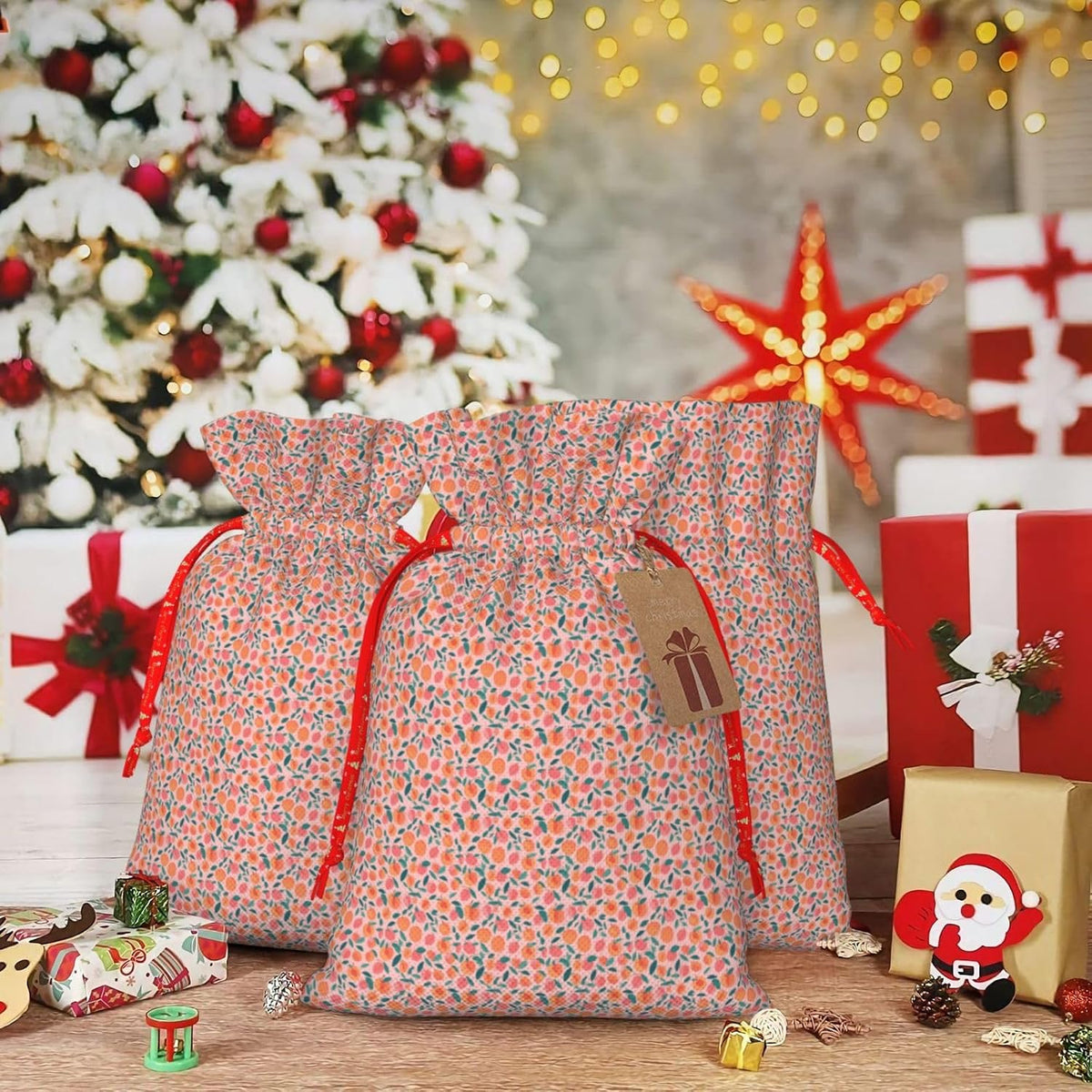 Pink Peach Pattern Seamless Pattern Printing Festive Christmas Gift Bag Drawstring For Holiday Xmas Birthday Party Presents