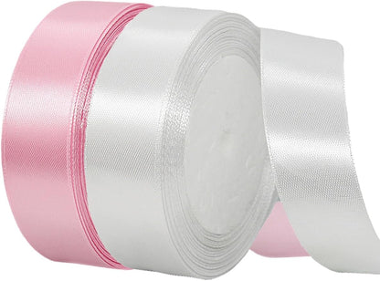 2 Rolls Pink White Ribbon, 1 Inch x 50 Yards Satin Pink Fabric Ribbon for Flower Bouquets, Gift Wrapping, DIY Crafts, Birthday Cakes, Holiday, Wedding Party and Mother’s Day Decorations