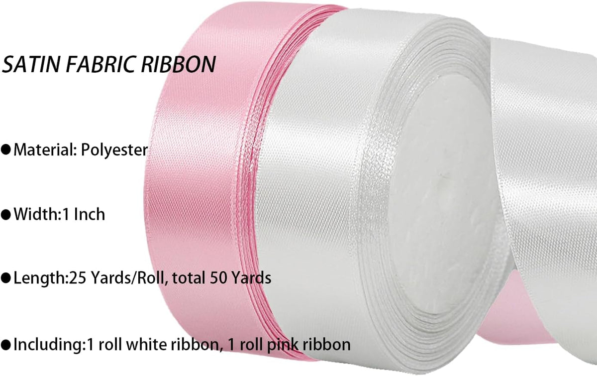 2 Rolls Pink White Ribbon, 1 Inch x 50 Yards Satin Pink Fabric Ribbon for Flower Bouquets, Gift Wrapping, DIY Crafts, Birthday Cakes, Holiday, Wedding Party and Mother’s Day Decorations