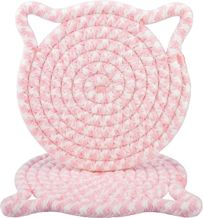 Cute Coasters for Desk Set of 2, Extra Large 4.8 in* 8mm, Absorbent Handmade Fabric Drink Coasters for Coffee & Tea - Fall House Warm Home Décor, Protect The Wooden Table (2 Pack-Cat-Rose Pink)