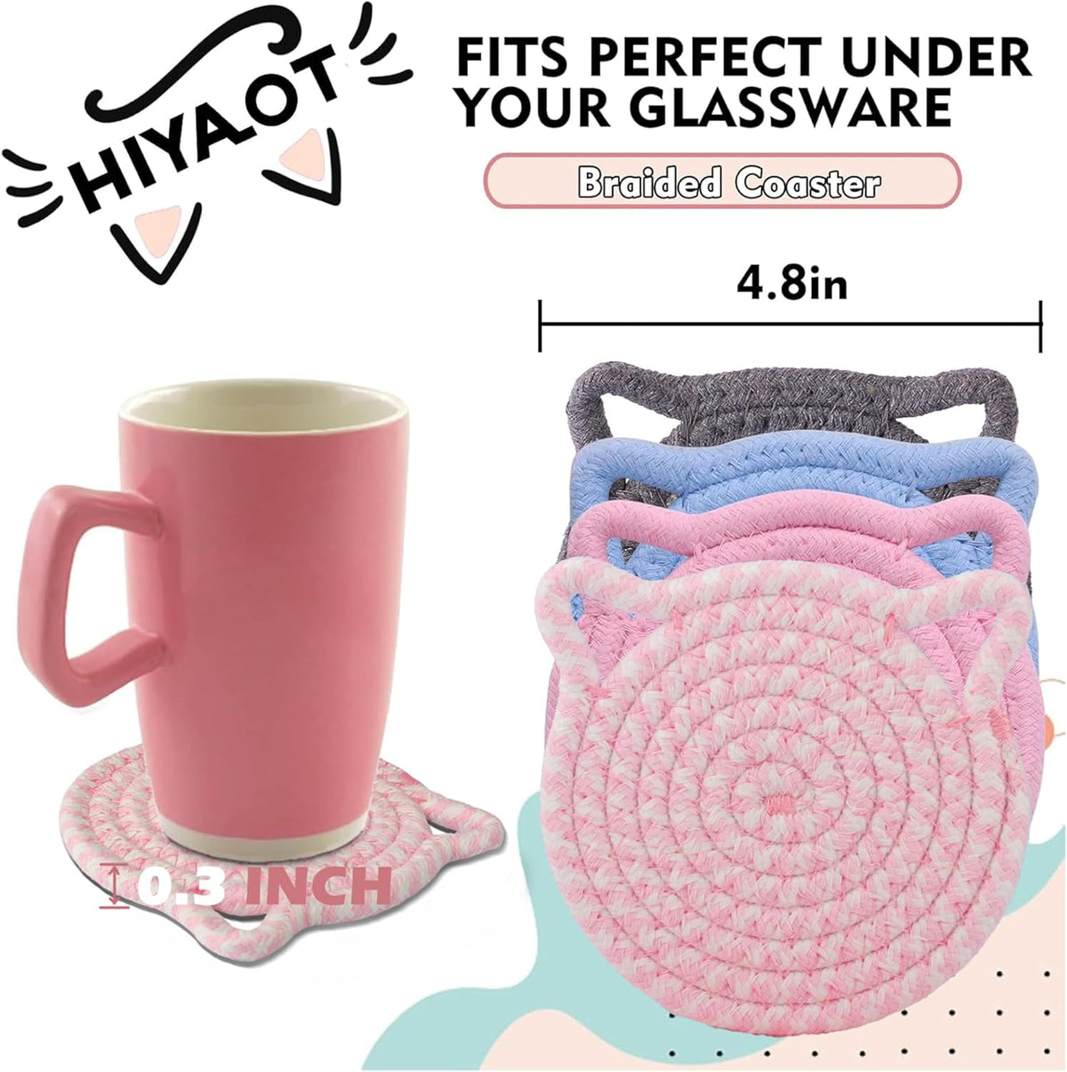Cute Coasters for Desk Set of 2, Extra Large 4.8 in* 8mm, Absorbent Handmade Fabric Drink Coasters for Coffee & Tea - Fall House Warm Home Décor, Protect The Wooden Table (2 Pack-Cat-Rose Pink)
