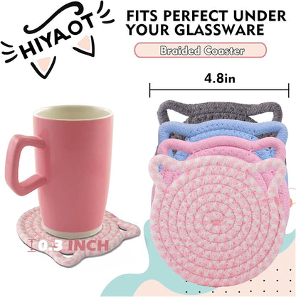 Cute Coasters for Desk Set of 2, Extra Large 4.8 in* 8mm, Absorbent Handmade Fabric Drink Coasters for Coffee & Tea - Fall House Warm Home Décor, Protect The Wooden Table (2 Pack-Cat-Rose Pink)
