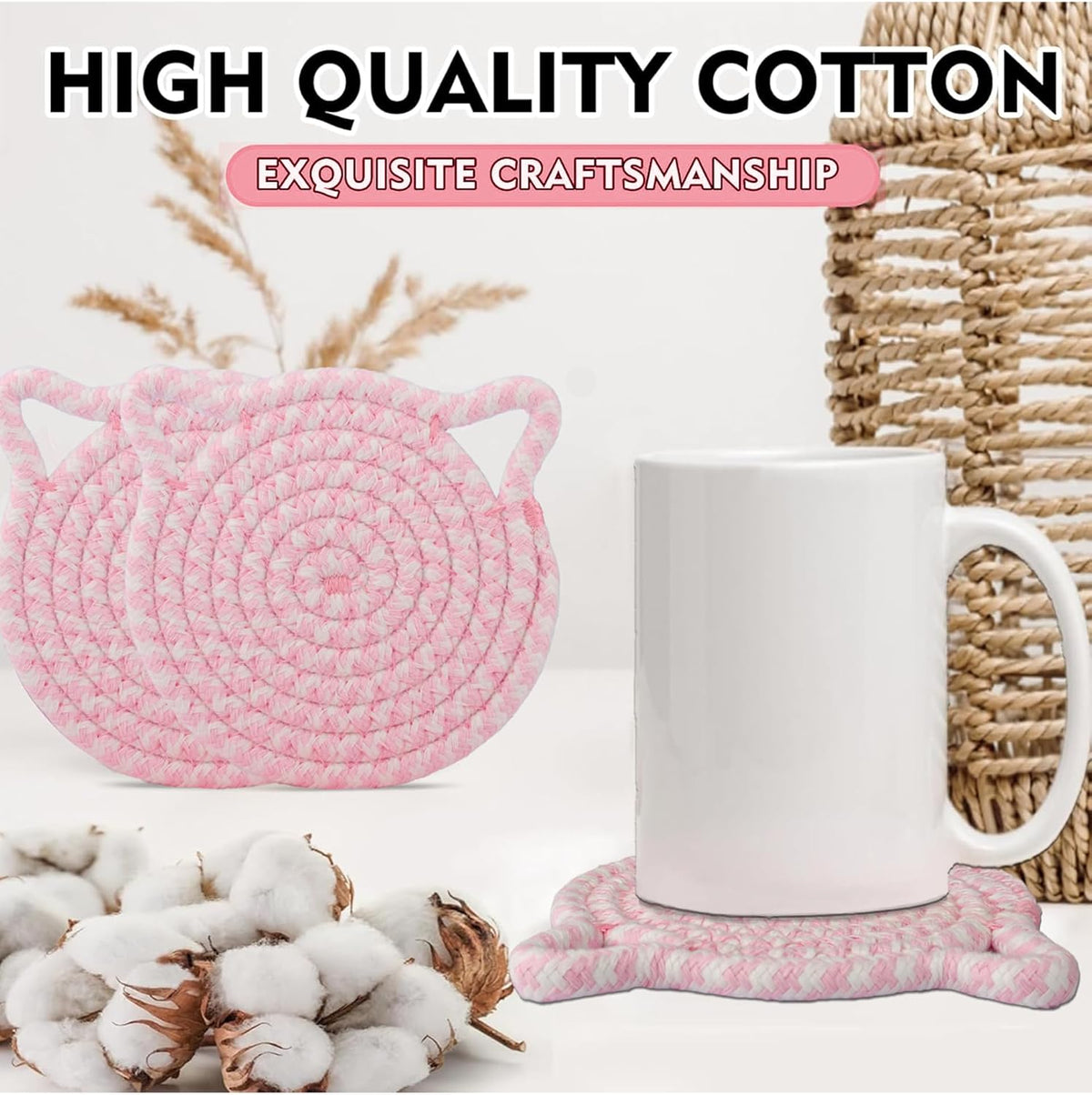Cute Coasters for Desk Set of 2, Extra Large 4.8 in* 8mm, Absorbent Handmade Fabric Drink Coasters for Coffee & Tea - Fall House Warm Home Décor, Protect The Wooden Table (2 Pack-Cat-Rose Pink)