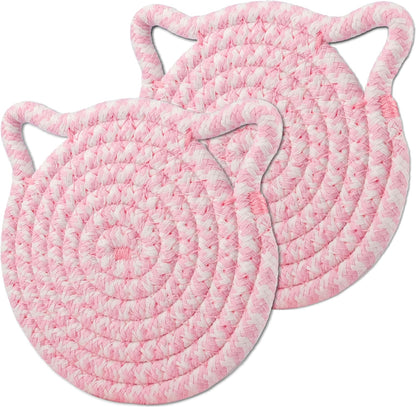 Cute Coasters for Desk Set of 2, Extra Large 4.8 in* 8mm, Absorbent Handmade Fabric Drink Coasters for Coffee & Tea - Fall House Warm Home Décor, Protect The Wooden Table (2 Pack-Cat-Rose Pink)
