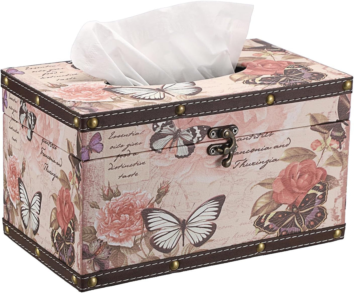 Tissue Box Cover Rectangle Wood Tissue Box with Hinged Lid,Vintage PU Tissue Box Holder Retro Pink Tissue Cover for Bathroom Toilet Bedroom Kitchen Office Table Desk, Large