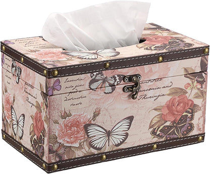 Tissue Box Cover Rectangle Wood Tissue Box with Hinged Lid,Vintage PU Tissue Box Holder Retro Pink Tissue Cover for Bathroom Toilet Bedroom Kitchen Office Table Desk, Large