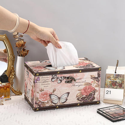Tissue Box Cover Rectangle Wood Tissue Box with Hinged Lid,Vintage PU Tissue Box Holder Retro Pink Tissue Cover for Bathroom Toilet Bedroom Kitchen Office Table Desk, Large
