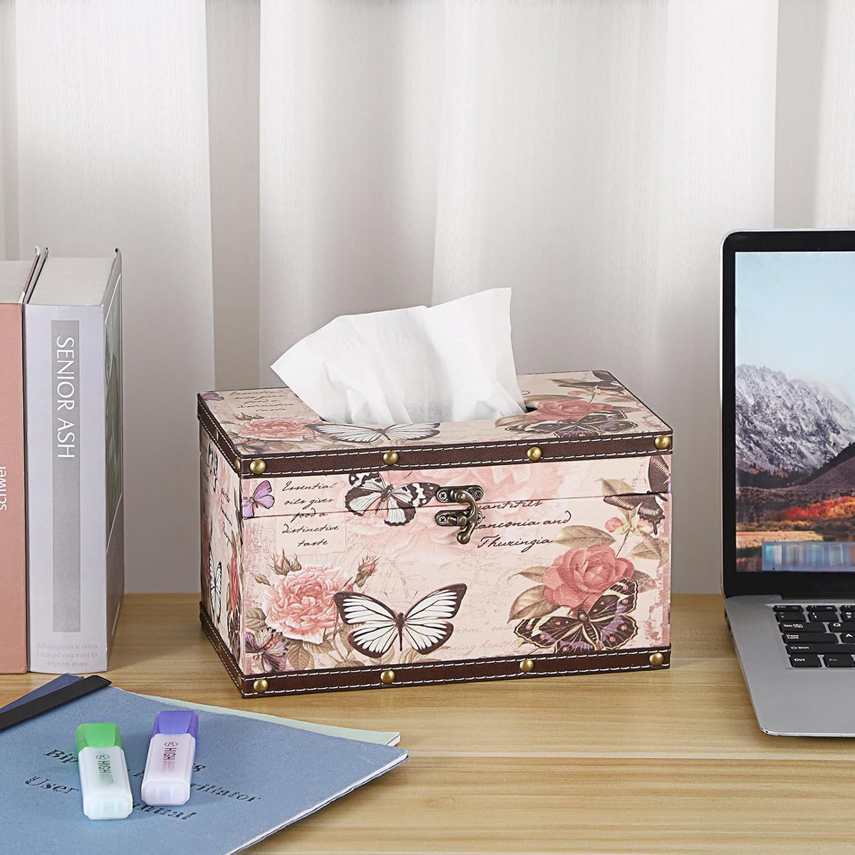 Tissue Box Cover Rectangle Wood Tissue Box with Hinged Lid,Vintage PU Tissue Box Holder Retro Pink Tissue Cover for Bathroom Toilet Bedroom Kitchen Office Table Desk, Large