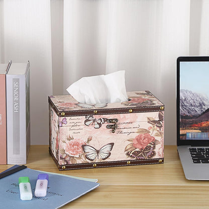 Tissue Box Cover Rectangle Wood Tissue Box with Hinged Lid,Vintage PU Tissue Box Holder Retro Pink Tissue Cover for Bathroom Toilet Bedroom Kitchen Office Table Desk, Large