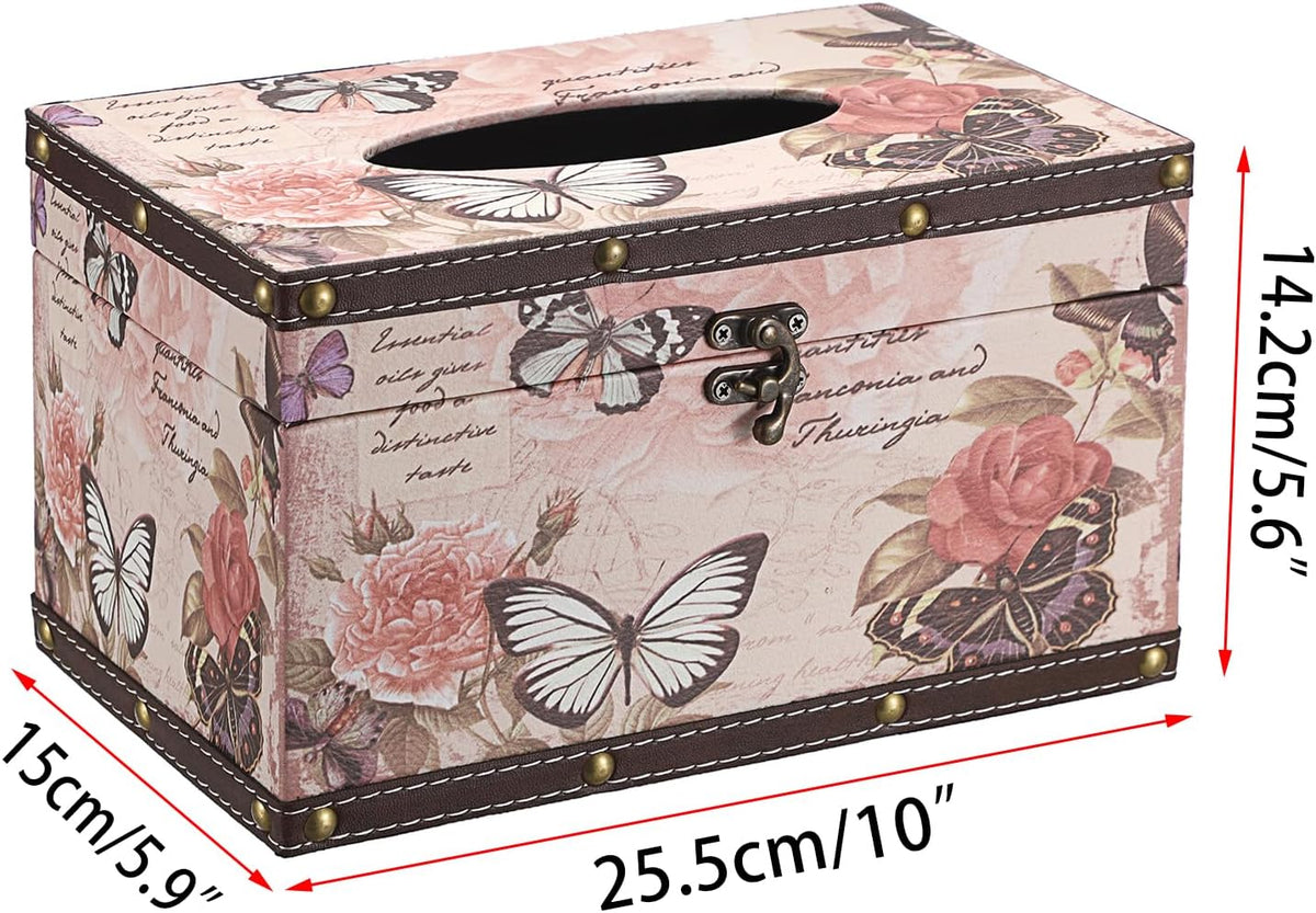 Tissue Box Cover Rectangle Wood Tissue Box with Hinged Lid,Vintage PU Tissue Box Holder Retro Pink Tissue Cover for Bathroom Toilet Bedroom Kitchen Office Table Desk, Large
