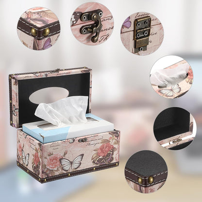 Tissue Box Cover Rectangle Wood Tissue Box with Hinged Lid,Vintage PU Tissue Box Holder Retro Pink Tissue Cover for Bathroom Toilet Bedroom Kitchen Office Table Desk, Large