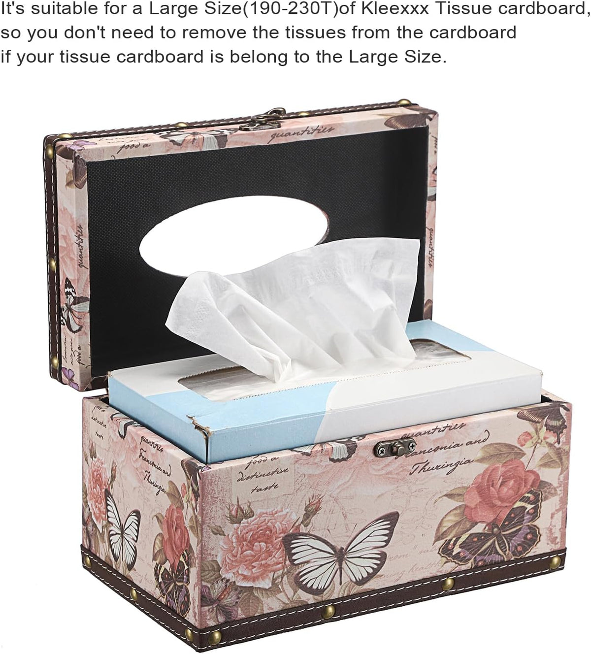 Tissue Box Cover Rectangle Wood Tissue Box with Hinged Lid,Vintage PU Tissue Box Holder Retro Pink Tissue Cover for Bathroom Toilet Bedroom Kitchen Office Table Desk, Large