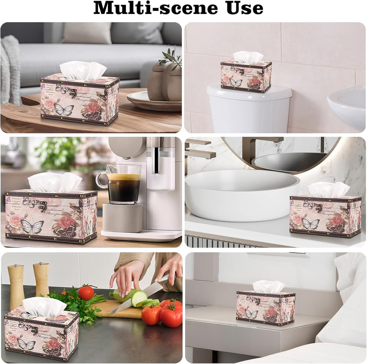 Tissue Box Cover Rectangle Wood Tissue Box with Hinged Lid,Vintage PU Tissue Box Holder Retro Pink Tissue Cover for Bathroom Toilet Bedroom Kitchen Office Table Desk, Large