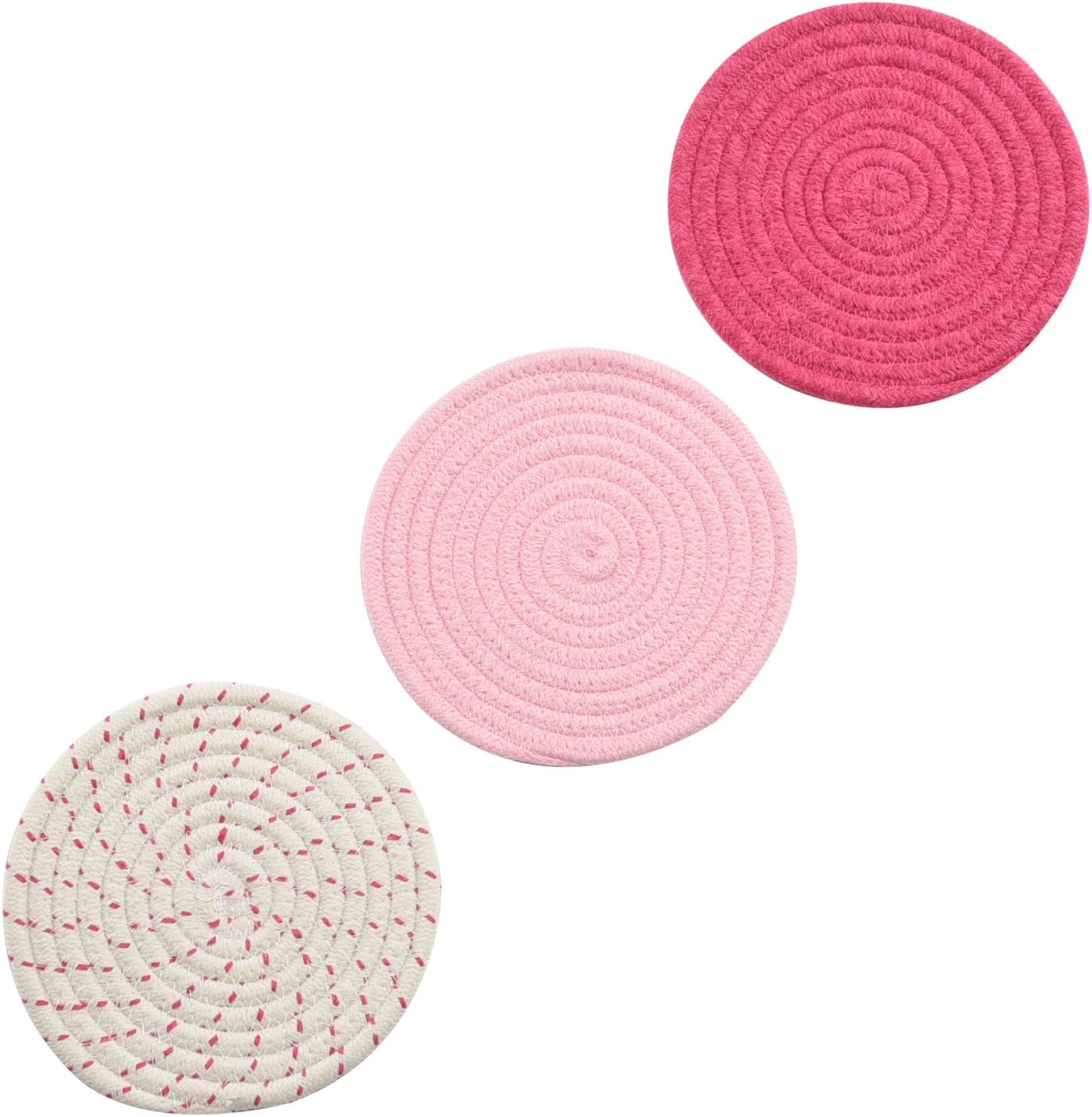 Kitchen Potholders Set Trivets Set 100% Pure Cotton Thread Weave Hot Pot Holders Set (Set of 3) Stylish Coasters, Hot Pads, Hot Mats, Spoon Rest For Cooking and Baking by Diameter 7 Inches (Pink)